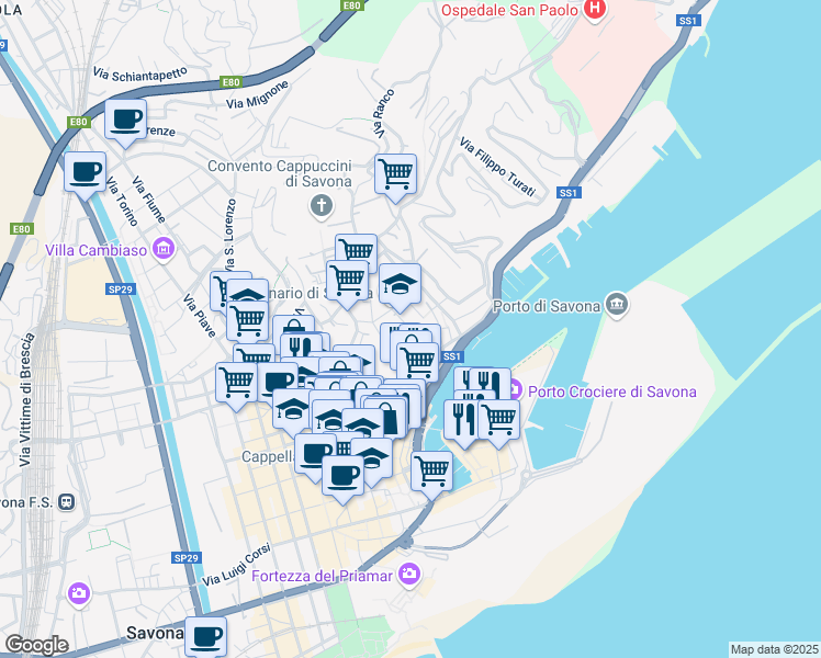 map of restaurants, bars, coffee shops, grocery stores, and more near 8 Via Davide Caminati in Savona