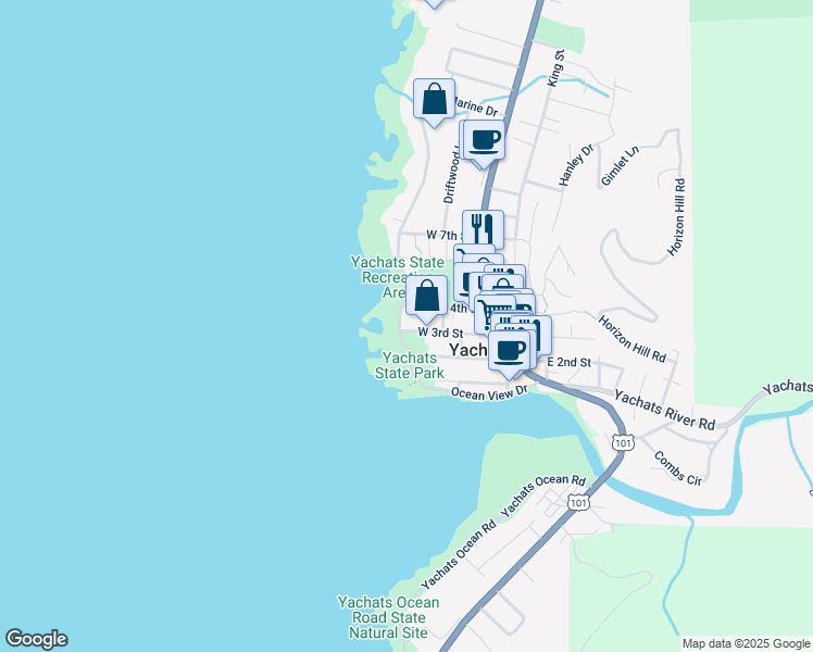map of restaurants, bars, coffee shops, grocery stores, and more near 563 3rd Street in Yachats