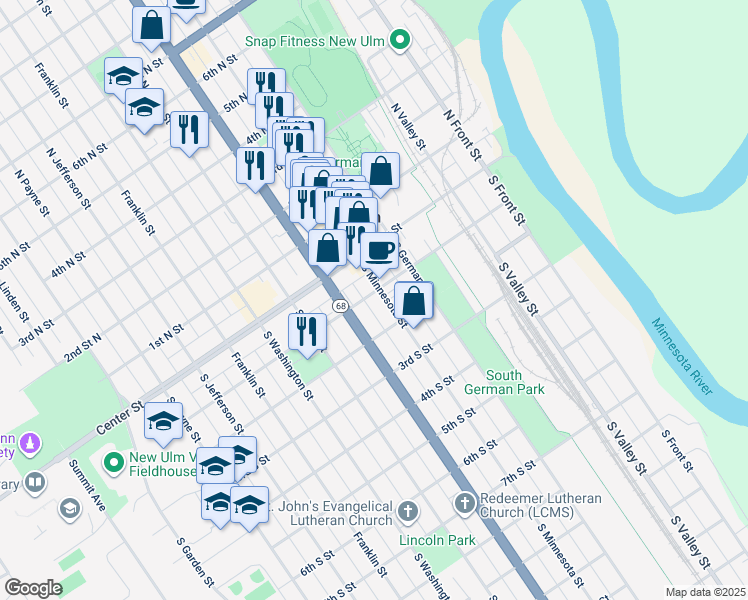map of restaurants, bars, coffee shops, grocery stores, and more near 110 South Minnesota Street in New Ulm