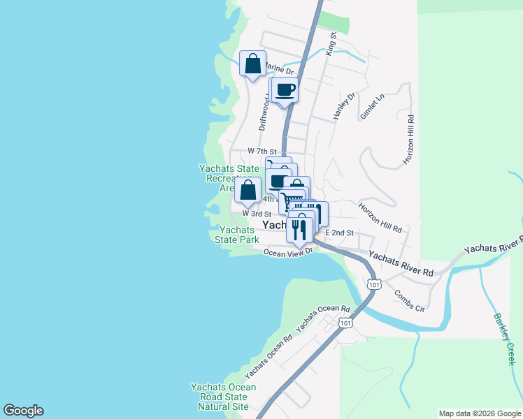 map of restaurants, bars, coffee shops, grocery stores, and more near in Yachats