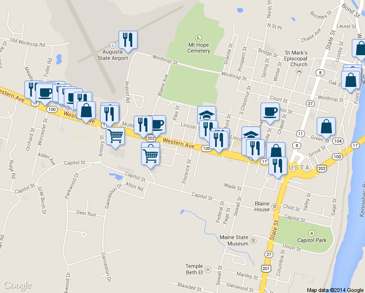 map of restaurants, bars, coffee shops, grocery stores, and more near 84 Western Avenue in Augusta