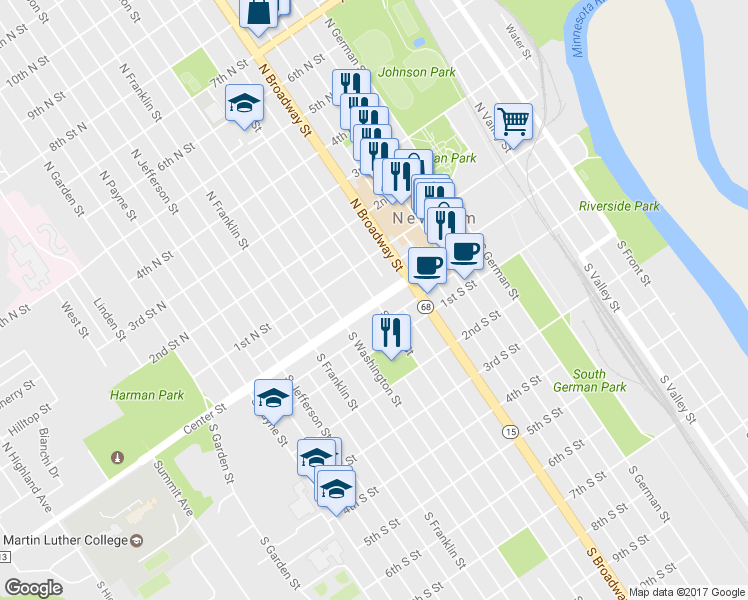 map of restaurants, bars, coffee shops, grocery stores, and more near 1 North State Street in New Ulm
