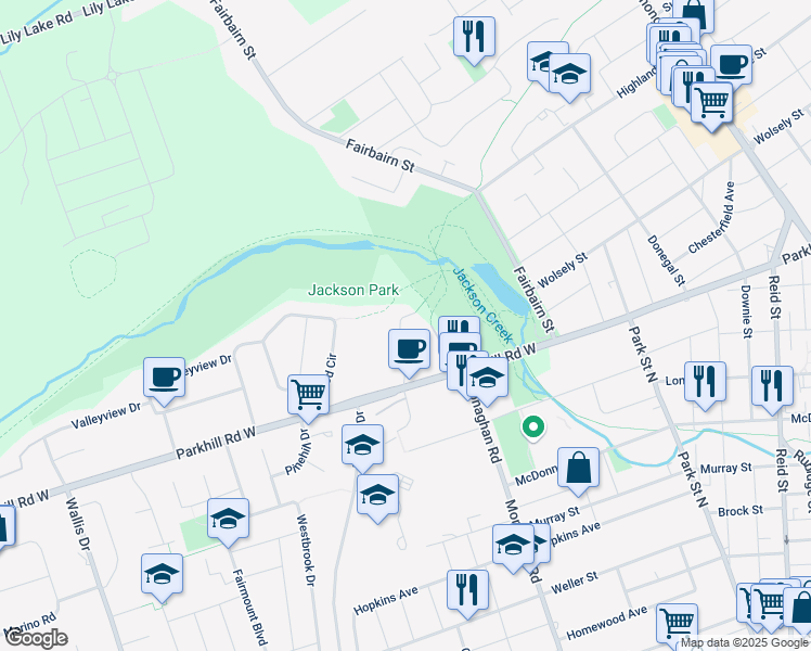 map of restaurants, bars, coffee shops, grocery stores, and more near 700 Parkhill Road West in Peterborough