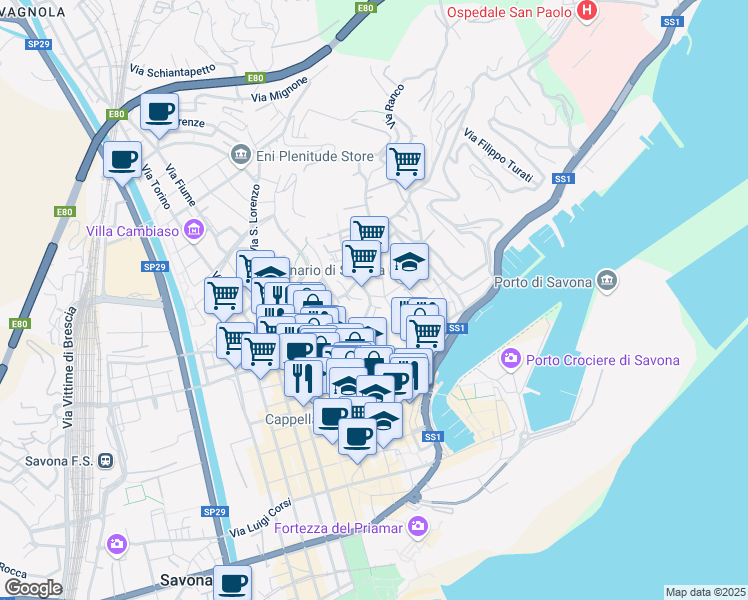 map of restaurants, bars, coffee shops, grocery stores, and more near Via dello Sperone in Savona