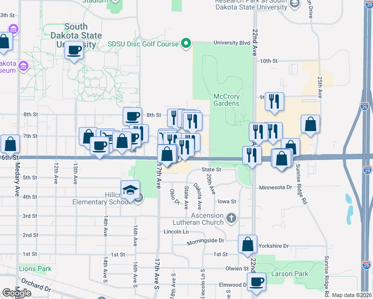 map of restaurants, bars, coffee shops, grocery stores, and more near 1815 6th Street in Brookings