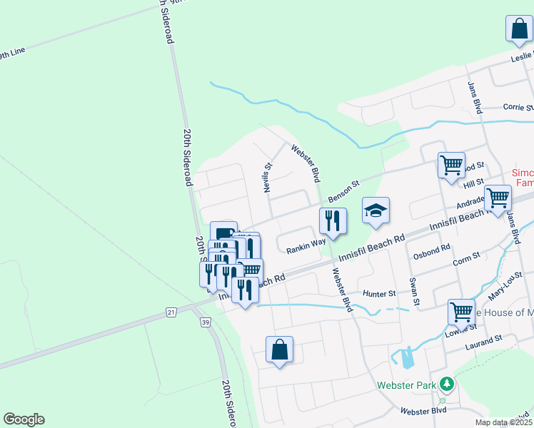 map of restaurants, bars, coffee shops, grocery stores, and more near 2162 Nevils Street in Innisfil