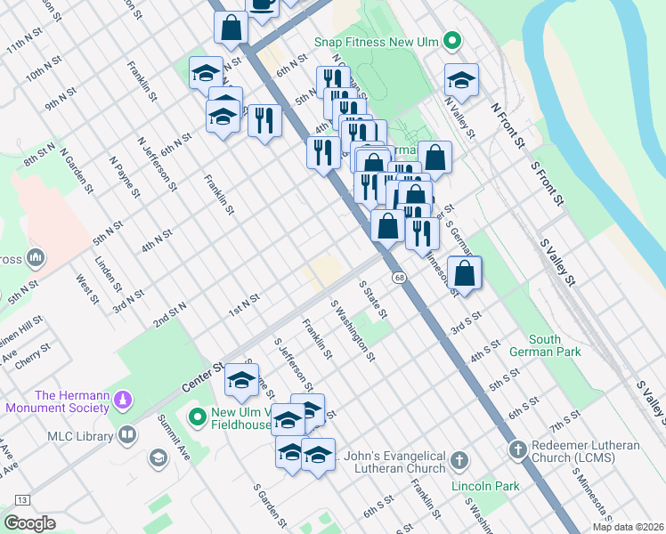 map of restaurants, bars, coffee shops, grocery stores, and more near 15 North State Street in New Ulm