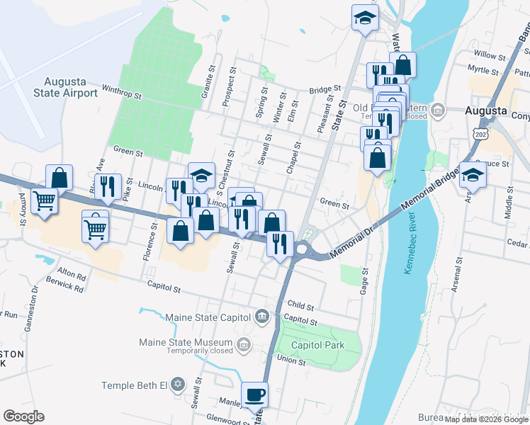 map of restaurants, bars, coffee shops, grocery stores, and more near 62 Chapel Street in Augusta