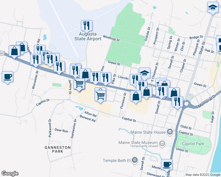 map of restaurants, bars, coffee shops, grocery stores, and more near 11 Western Avenue Place in Augusta