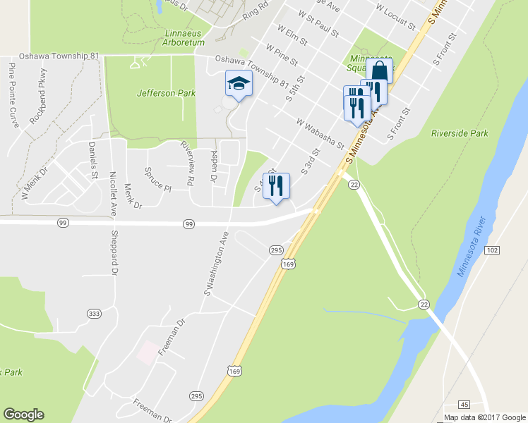 map of restaurants, bars, coffee shops, grocery stores, and more near 1685 South 3rd Street in Saint Peter