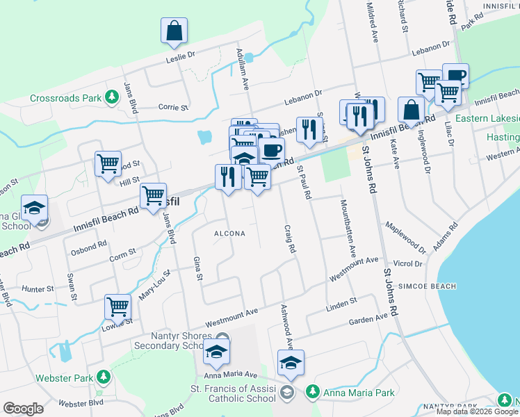 map of restaurants, bars, coffee shops, grocery stores, and more near in Innisfil