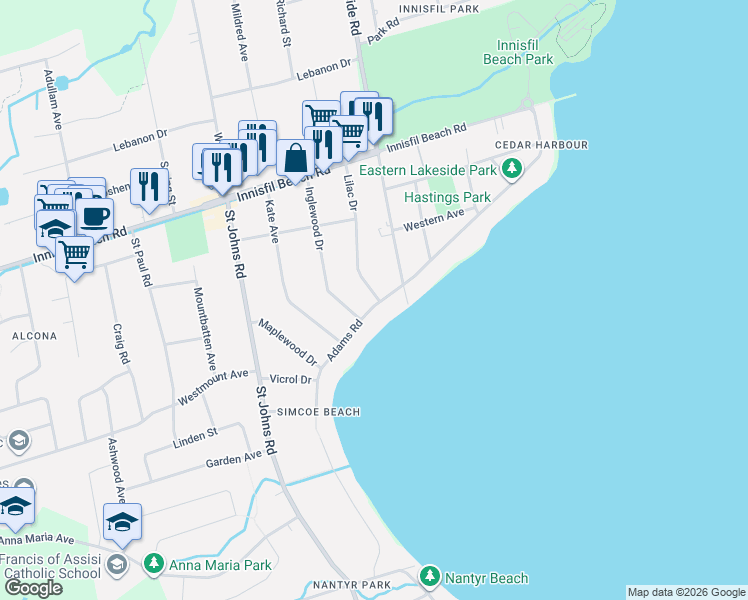 map of restaurants, bars, coffee shops, grocery stores, and more near 826 Adams Road in Innisfil