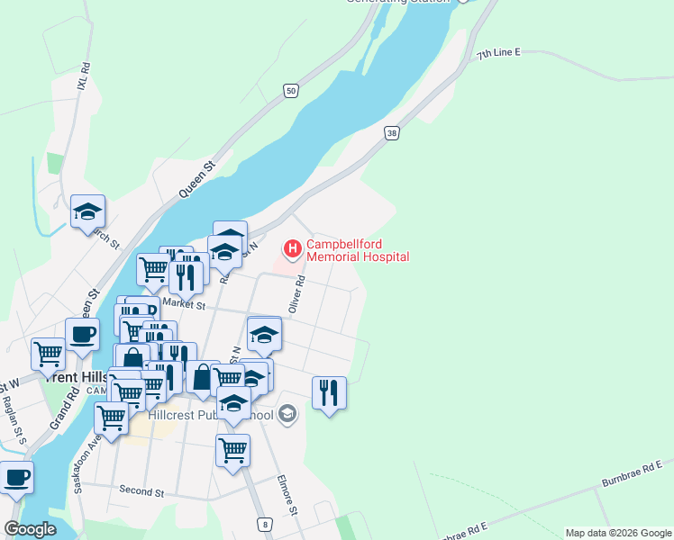 map of restaurants, bars, coffee shops, grocery stores, and more near 155 Cromwell Street in Campbellford