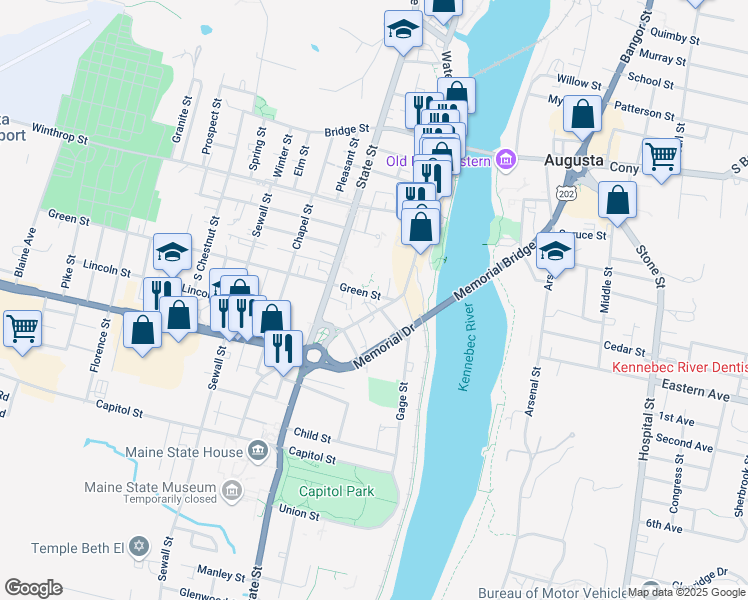 map of restaurants, bars, coffee shops, grocery stores, and more near 15 East Crescent Street in Augusta