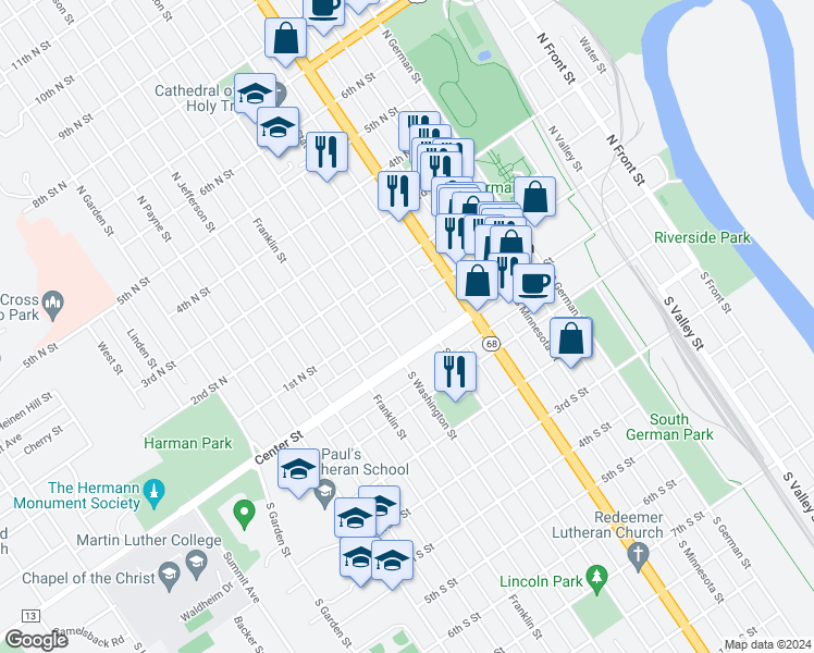 map of restaurants, bars, coffee shops, grocery stores, and more near 1 North State Street in New Ulm