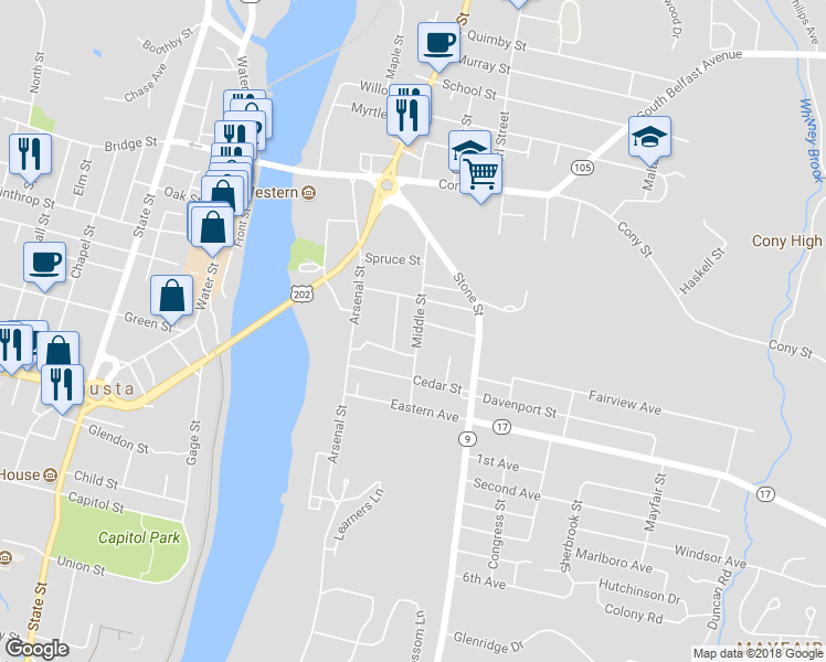 map of restaurants, bars, coffee shops, grocery stores, and more near 38 Middle Street in Augusta