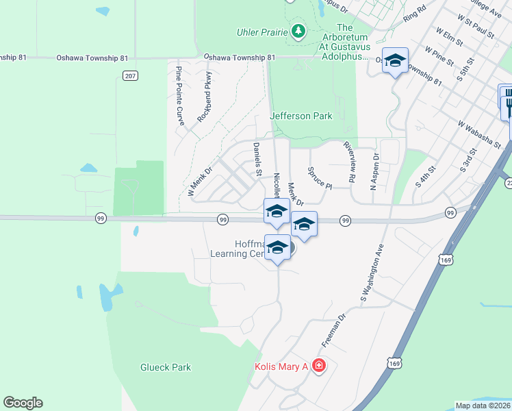 map of restaurants, bars, coffee shops, grocery stores, and more near 1334 West Menk Drive in Saint Peter