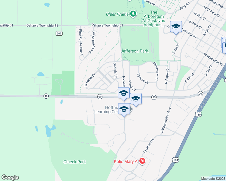 map of restaurants, bars, coffee shops, grocery stores, and more near 1334 West Menk Drive in Saint Peter