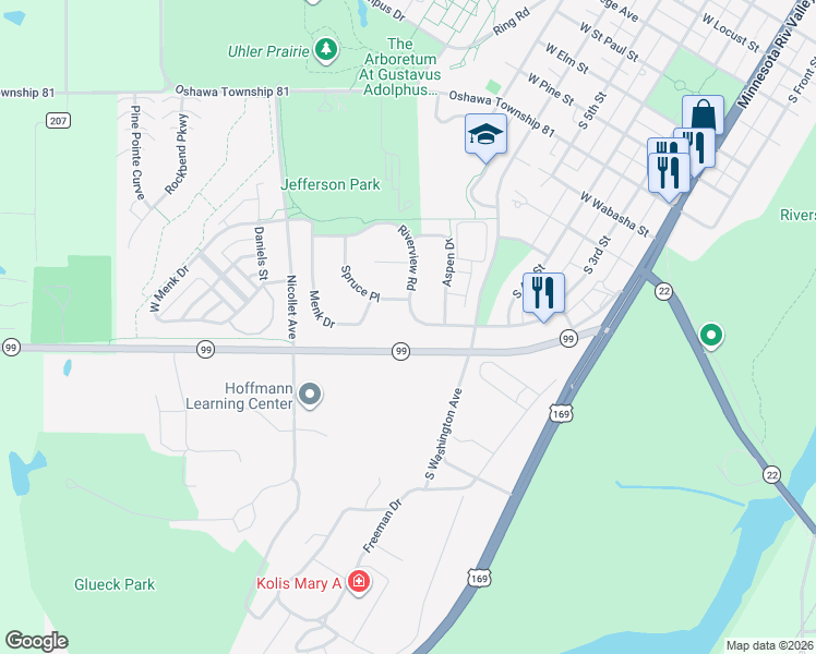 map of restaurants, bars, coffee shops, grocery stores, and more near 1625 Riverview Road in Saint Peter