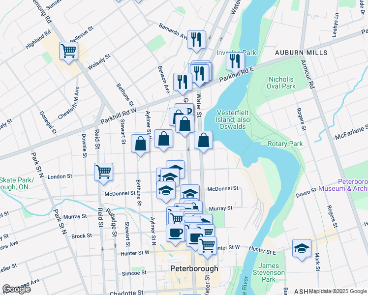 map of restaurants, bars, coffee shops, grocery stores, and more near in Peterborough