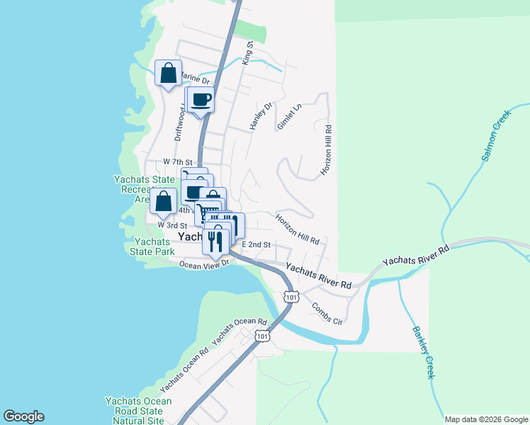 map of restaurants, bars, coffee shops, grocery stores, and more near 124 King Street in Yachats