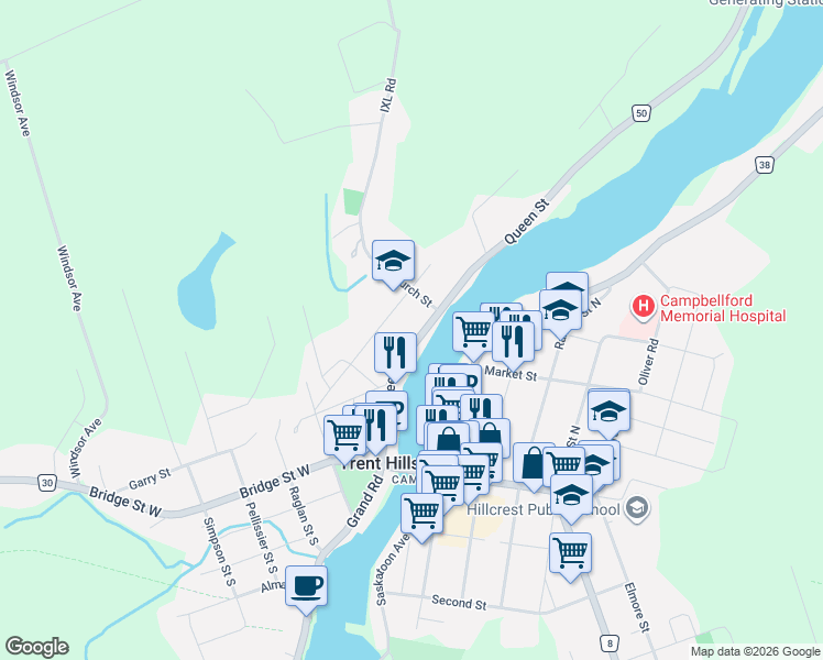 map of restaurants, bars, coffee shops, grocery stores, and more near 38 Church Street in Campbellford