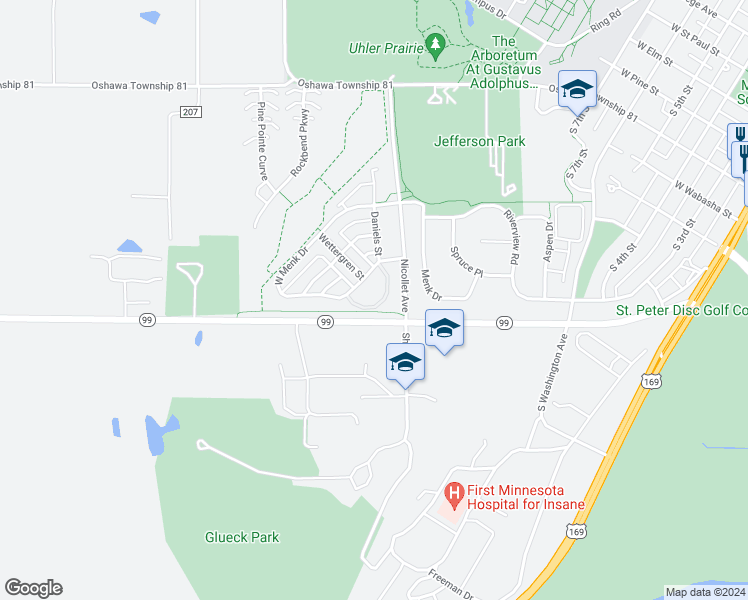 map of restaurants, bars, coffee shops, grocery stores, and more near 1540 West Menk Drive in Saint Peter