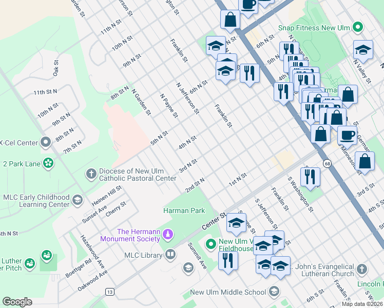 map of restaurants, bars, coffee shops, grocery stores, and more near 403 North Payne Street in New Ulm