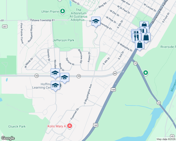 map of restaurants, bars, coffee shops, grocery stores, and more near 1625 Riverview Road in Saint Peter