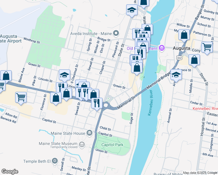 map of restaurants, bars, coffee shops, grocery stores, and more near 136 State Street in Augusta