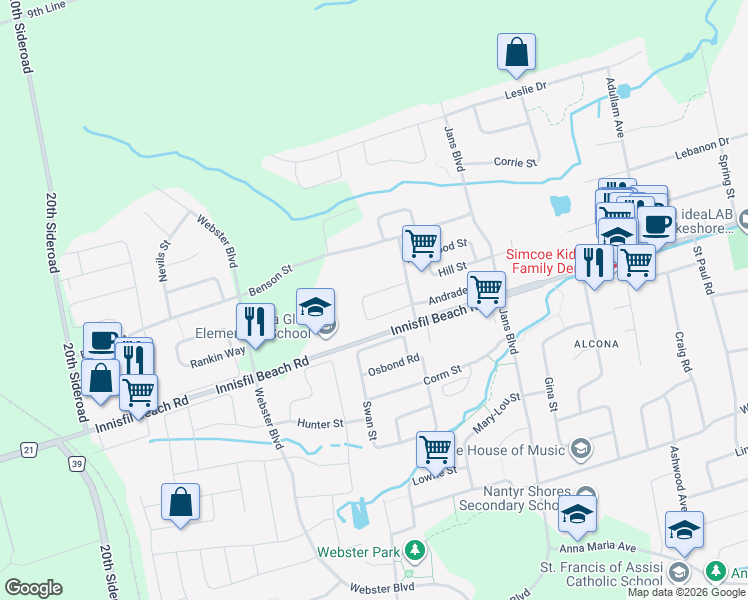 map of restaurants, bars, coffee shops, grocery stores, and more near 1348 Coleman Court in Innisfil