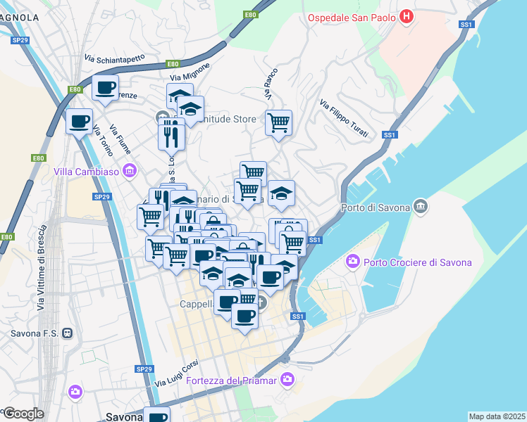 map of restaurants, bars, coffee shops, grocery stores, and more near Via Tommaso Torteroli in Savona