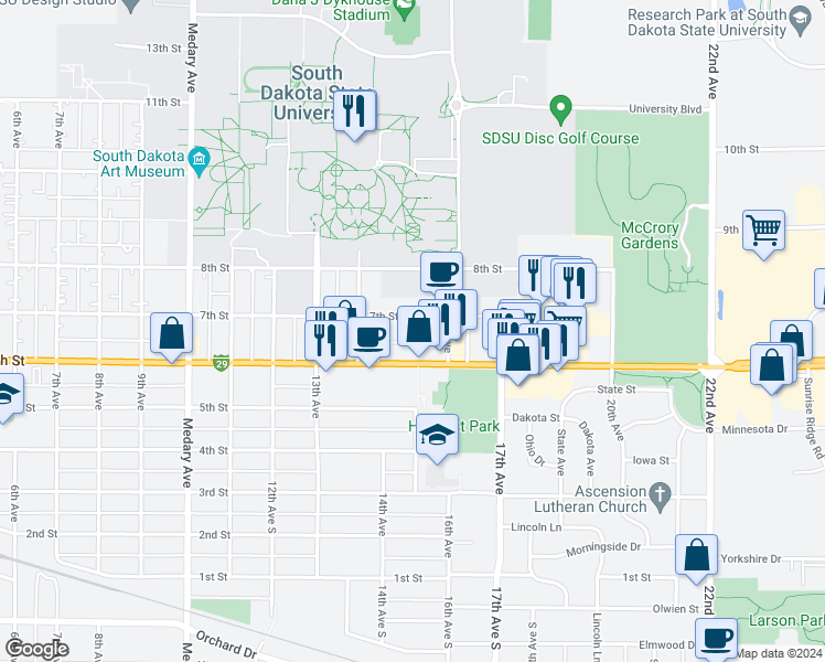 map of restaurants, bars, coffee shops, grocery stores, and more near 1401-1599 7th Street in Brookings