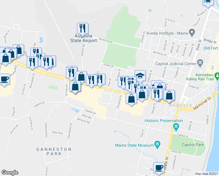 map of restaurants, bars, coffee shops, grocery stores, and more near 93 Western Avenue in Augusta