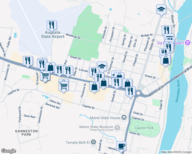 map of restaurants, bars, coffee shops, grocery stores, and more near 30 Lincoln Street in Augusta