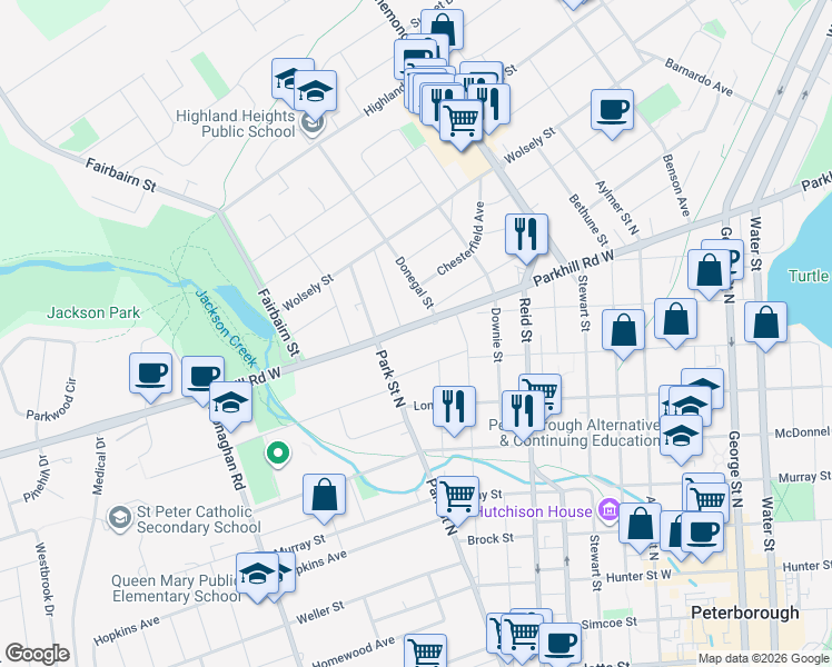 map of restaurants, bars, coffee shops, grocery stores, and more near 411 Parkhill Road West in Peterborough