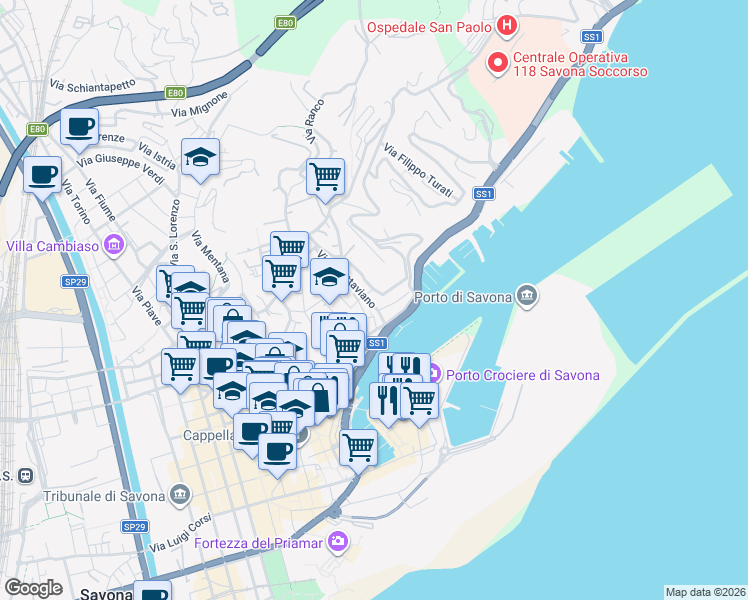 map of restaurants, bars, coffee shops, grocery stores, and more near 2 Via Bonifacio del Vasto in Savona