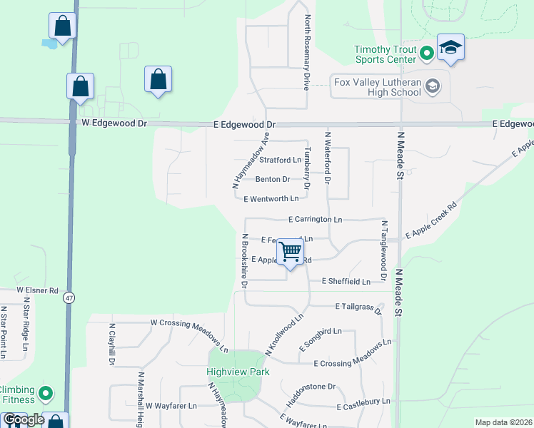 map of restaurants, bars, coffee shops, grocery stores, and more near 309 East Wentworth Lane in Appleton