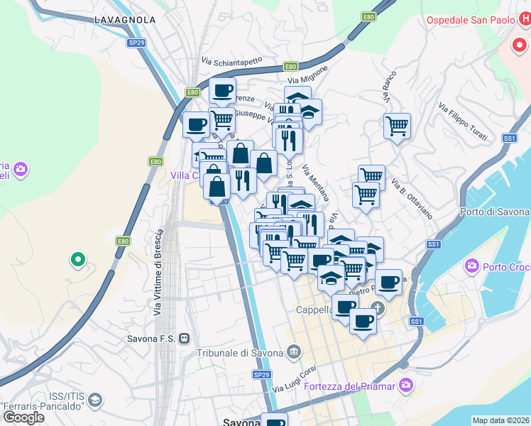 map of restaurants, bars, coffee shops, grocery stores, and more near 14 Via Fratelli Rosselli in Savona