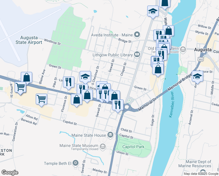map of restaurants, bars, coffee shops, grocery stores, and more near 54 Green Street in Augusta