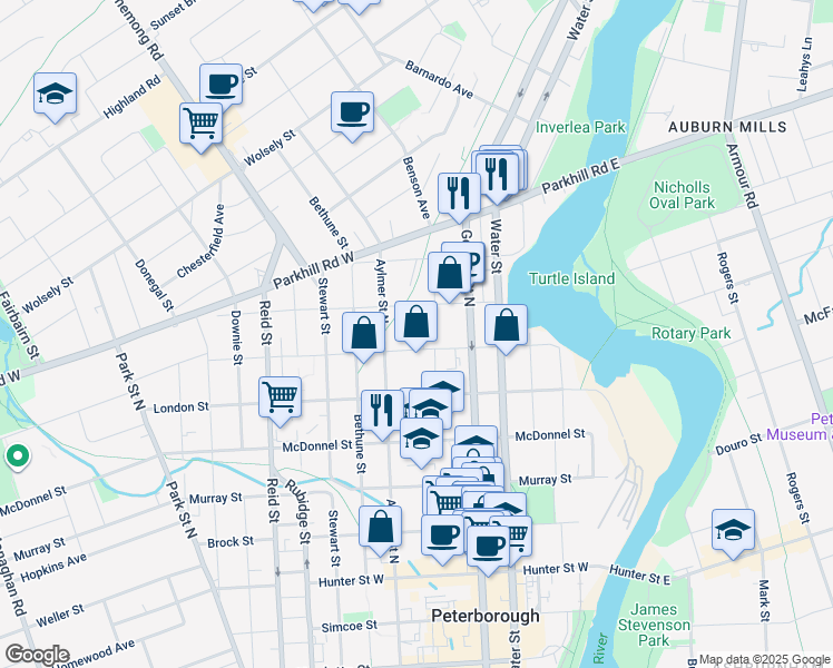 map of restaurants, bars, coffee shops, grocery stores, and more near 633 Union Street in Peterborough