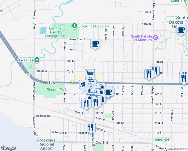 map of restaurants, bars, coffee shops, grocery stores, and more near Main Avenue in Brookings