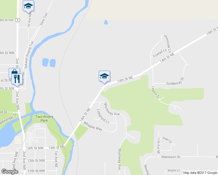 map of restaurants, bars, coffee shops, grocery stores, and more near 1943 14th Street Northeast in Faribault