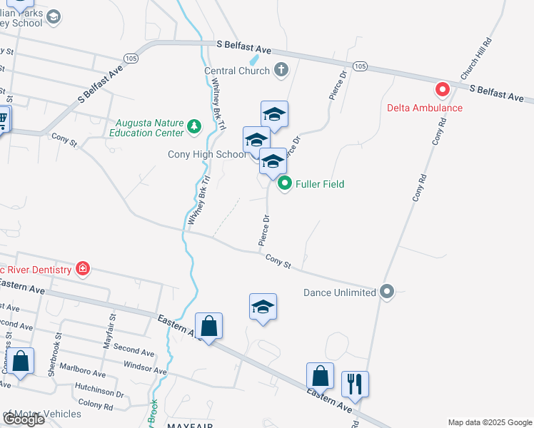 map of restaurants, bars, coffee shops, grocery stores, and more near Pierce Drive in Augusta
