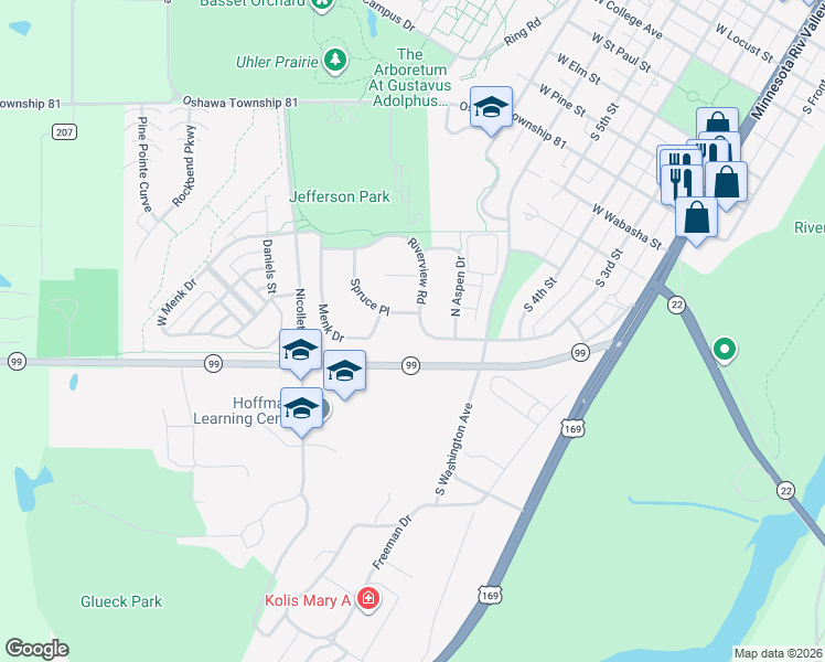 map of restaurants, bars, coffee shops, grocery stores, and more near 1625 Riverview Road in Saint Peter