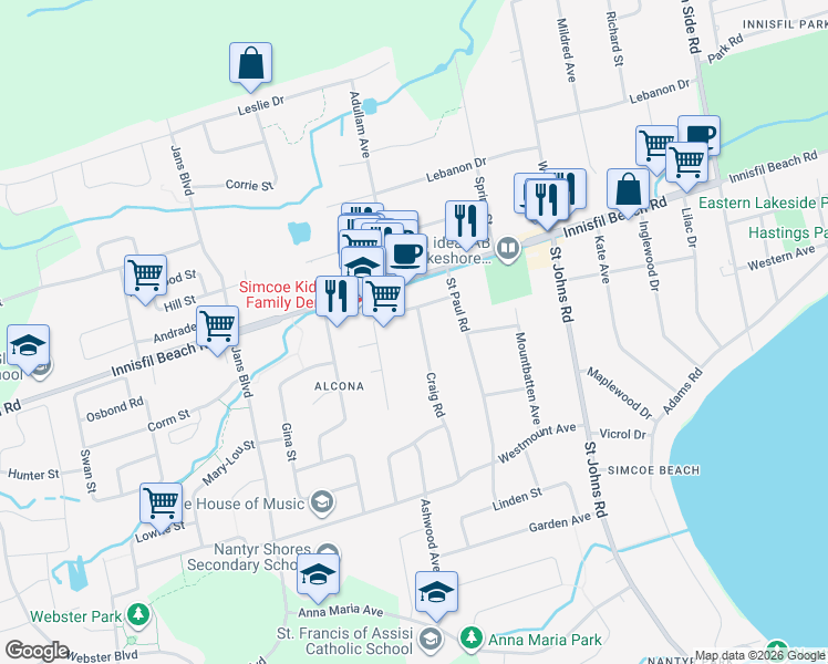 map of restaurants, bars, coffee shops, grocery stores, and more near 2078 Craig Road in Innisfil