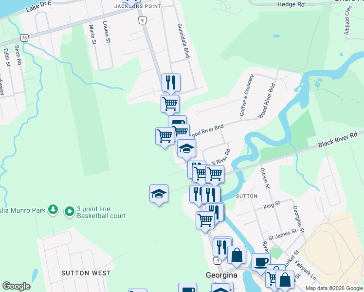map of restaurants, bars, coffee shops, grocery stores, and more near Dalton Road in Georgina