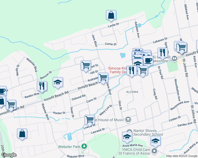 map of restaurants, bars, coffee shops, grocery stores, and more near 1181 Andrade Lane in Innisfil