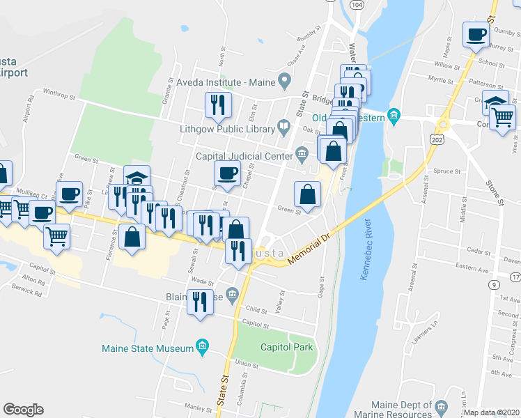 map of restaurants, bars, coffee shops, grocery stores, and more near 136 State Street in Augusta