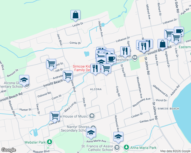 map of restaurants, bars, coffee shops, grocery stores, and more near 2083 Thompson Street in Innisfil